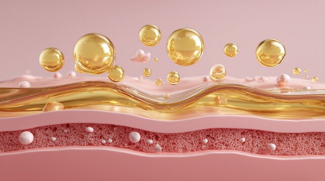 Illustration of a cross-section of skin with a drop of golden serum absorbed into the fine pink skin layer, revealing the collagen and microstructure.