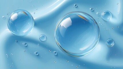 Liquid foam, blue water molecules mixed with moisturizer for cosmetic essence products.