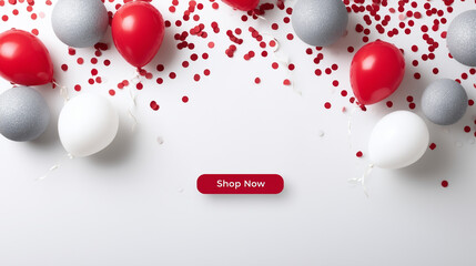 Colorful balloons in red, white, and silver scattered with confetti on a bright background, creating a festive atmosphere with ample copy space for celebration themes