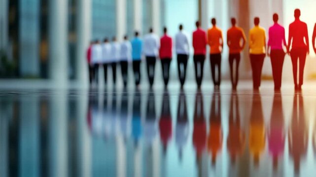Colors of Success: A diverse group of individuals stride confidently toward a modern building, their colorful attire reflecting the vibrant energy and collaborative spirit of a dynamic workforce. 