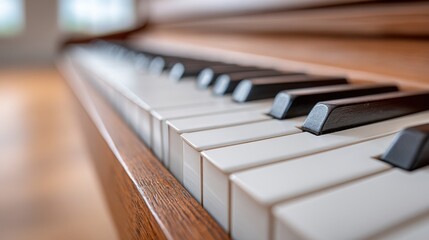 Wooden piano keyboard, close-up perspective, black and white, representing music and classical instruments