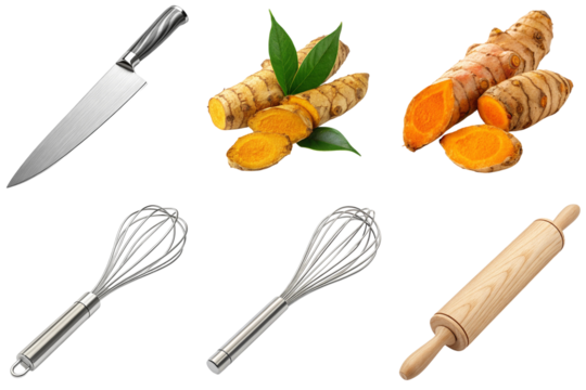 Turmeric root whisk rolling pin bright cooking utensils for natural spice preparation and baking delightfully fresh