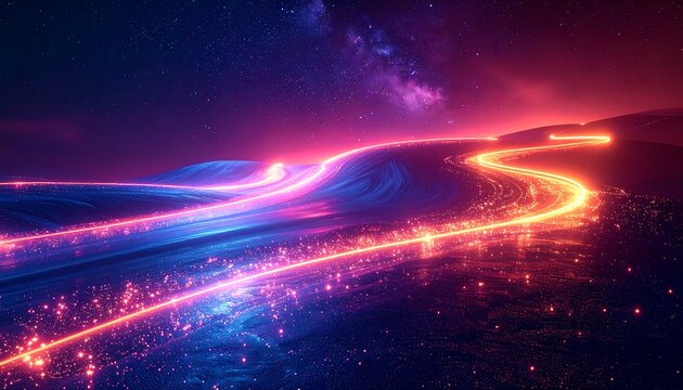 Neon glowing energy trails curve across an alien landscape under a starlit, vibrant, and colorful night sky