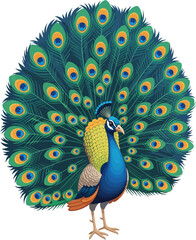 Vector illustration of Indian peacock with feathers fully spread showing national bird beauty grace and vibrant colors