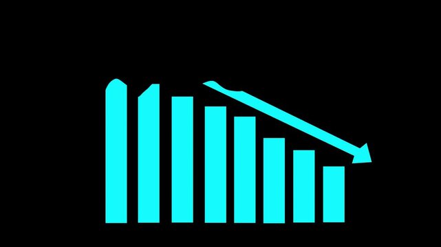 Cyan Bar Chart with Downward Arrow on Black Background graph data. Cyan bars with descending arrow on black background illustrating decreasing metrics or regression.
