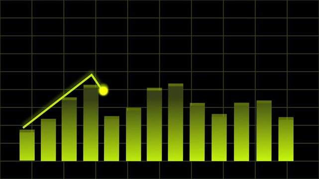 Vibrant yellow bar chart on black grid background showcasing statistics, trends, and visual data insights. Fluorescent Yellow Bar Chart with Grid on Black Background graph data.