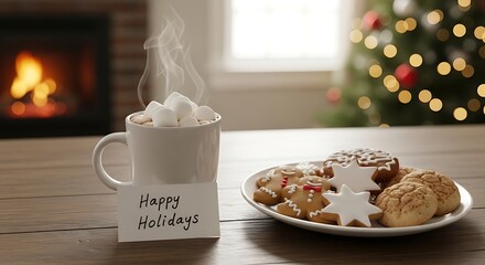 Happy holidays christmas background with hot chocolate marshmallows and holiday cookies on table indoors
