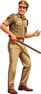 Vector illustration of Indian policeman in uniform standing confidently with baton representing authority and discipline