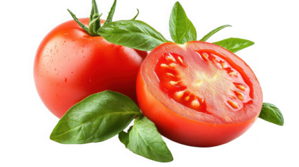Fresh tomatoes and basil isolated on transparent background, healthy food concept