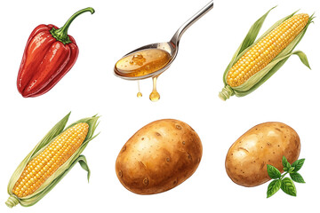 Red pepper honey spoon corn potato basil fresh vegetable and ingredient assortment with natural texture and warm tones conveying wholesome cooking