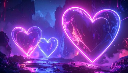 Glowing neon hearts float against a rocky landscape with purple and blue hues, creating a surreal and romantic scene
