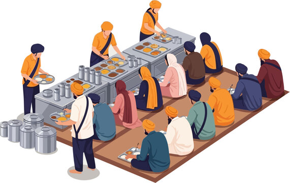 Vector illustration of Sikh volunteers serving free food at langar community kitchen showing generosity and social harmony