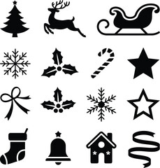Black Christmas Icon Set Tree, Reindeer, Sleigh, Snowflake, Holly, Candy Cane, Star, and More
