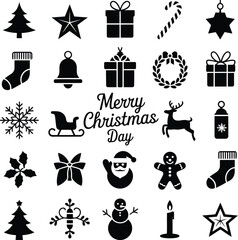 Black Christmas Icons Featuring Tree, Santa, Gifts, Ornament, Snowflakes and Gingerbread Man
