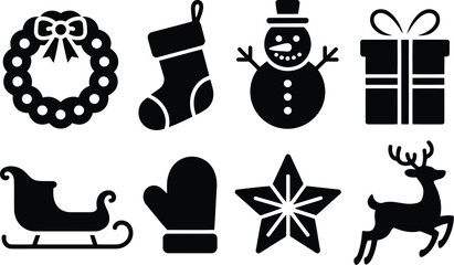 Black Christmas Icons Wreath, Stocking, Snowman, Gift, Sleigh, Mitten, Star, Reindeer