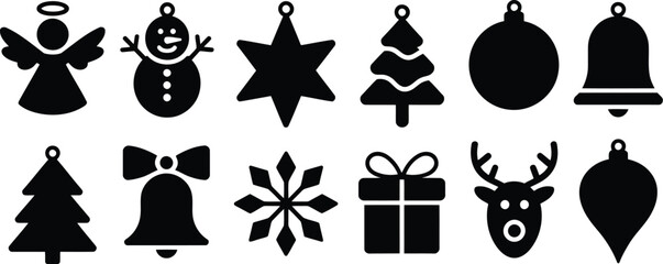 Black Silhouette Christmas Ornament Icons Angel, Snowman, Star, Tree, Bell, Gift, and Reindeer