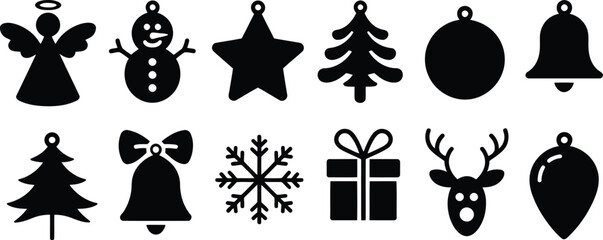 Black Silhouette Christmas Ornaments Set Angel, Snowman, Star, Tree, Bell, Snowflake, Reindeer