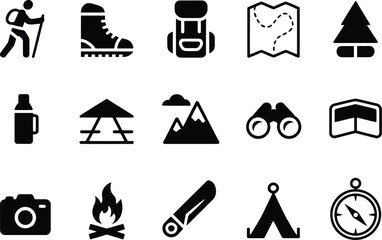 Black Silhouette Icon Collection of Outdoor Adventure Gear for Hiking and Camping Expeditions