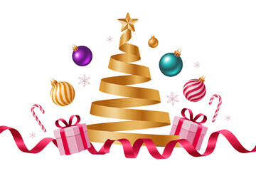 Elegant golden ribbon Christmas tree with ornaments, presents, and snowflakes, perfect for festive holiday designs and seasonal promotions