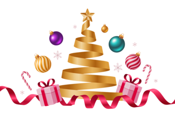 Elegant golden ribbon Christmas tree with ornaments, presents, and snowflakes, perfect for festive holiday designs and seasonal promotions