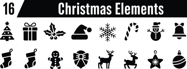 Sixteen Christmas Elements Festive Icons of Tree, Gift, Holly, and More
