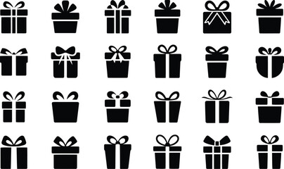 Twentyone Black Silhouette Gift Boxes with Ribbons and Bows Arrayed on White