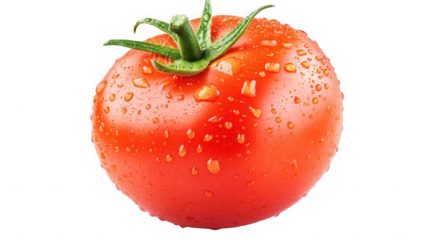 Fresh red tomato with water droplets isolated on transparent background