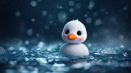 Cute duckling in cold water with rain