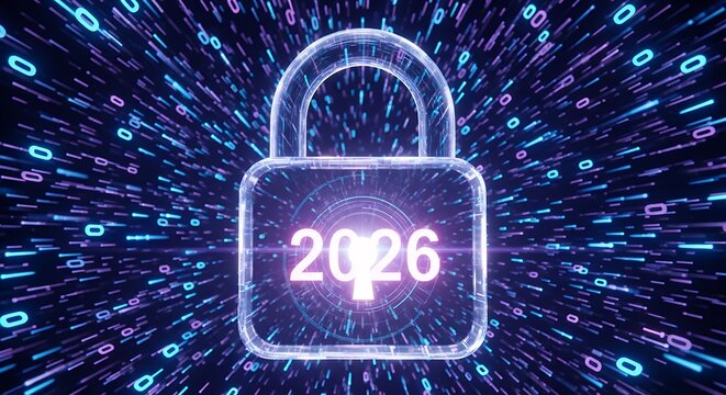 Digital security padlock icon with glowing 2026 year symbol in a futuristic cyber background representing cybersecurity technology and data protection concepts for the year 2026