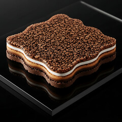 Fototapeta premium Gourmet coffee and chocolate layered entremet cake. Modern pastry with a glossy glaze and coffee bean topping on a black reflective background