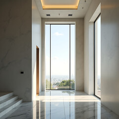 Fototapeta premium Contemporary hallway with full height window offering city view and natural light