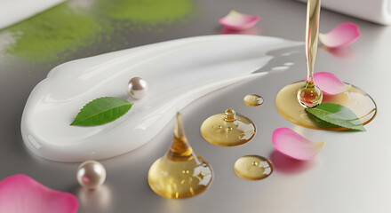 Luxury Skincare Composition with Cream, Oil, Petals, and Pearls for Beauty, Wellness, and Natural Product Design, 8K image 