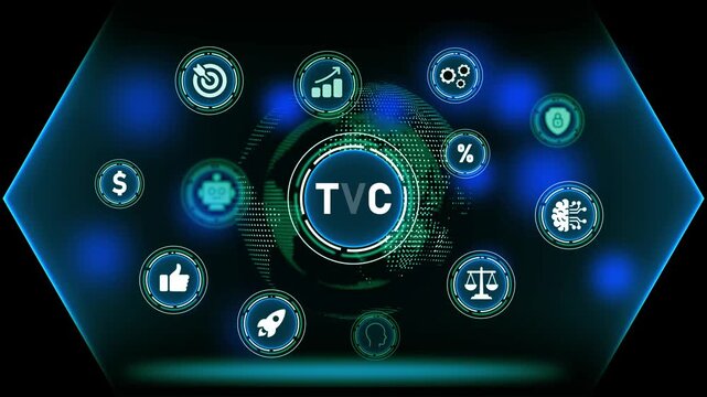 Digital business strategy icons around a glowing globe with TVC logo image photo