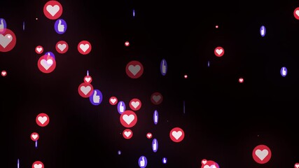 Floating heart and like icons move dynamically, creating engaging visuals for social media interactions and reaction effects. Social Media Like and Heart Icons Animation Floating on animated. - Powered by Adobe