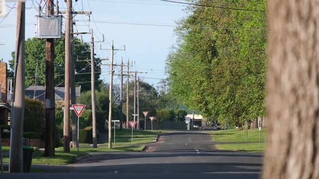 A quiet residential street in Camperdown, Victoria, Australia, with wooden power poles, overhead electrical lines, and a car passing through the leafy neighborhood. A regional Australian town
