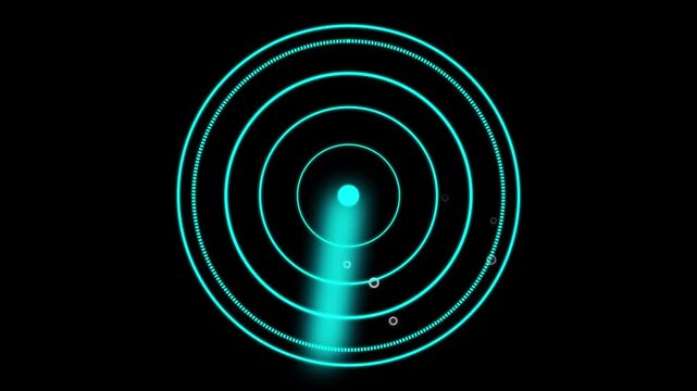 Cyan Neon Concentric Circles and Dotted Ring on Black Background abstract. Electric cyan neon dotted ring and layered concentric circles pulsing rhythmically abstract animation.