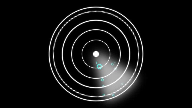 Futuristic White HUD Circles with Concentric Rings and Dotted Edges on Black Modern Interface. White Circular HUD Elements with Concentric Rings and Dotted Border on Black Background.