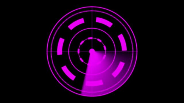 Futuristic Neon Pink Circular HUD Element with Segmented Ring and Dotted Border on Black Background.Neon pink circular HUD interface with glowing segments and dotted border futuristic motion.