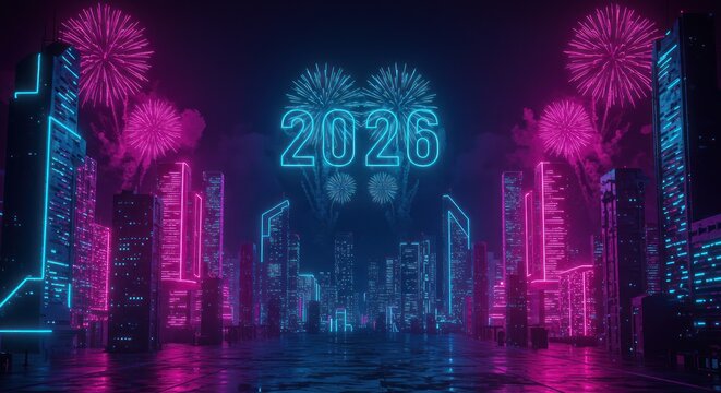 Cyberpunk Cityscape: Neon 2026 Celebration with Fireworks and Futuristic Architecture