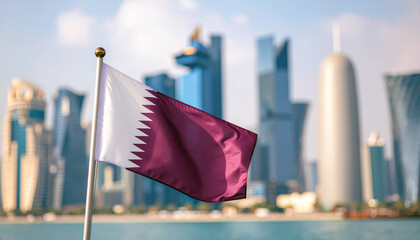 Fly the flag for Qatar! See the national banner waving proudly against a modern cityscape, perfect for travel blogs, news, and patriotic projects.
