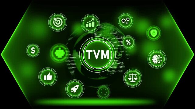 Digital business strategy icons around a glowing globe with TVM logo image photo