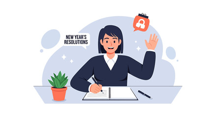 This flat design illustration depicts an individual actively engaged in writing down their New Year's resolutions and personal goals. It symbolizes planning for a fresh start and self-improvement