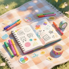 Colorful Doodle Notebook and Markers on Picnic Blanket