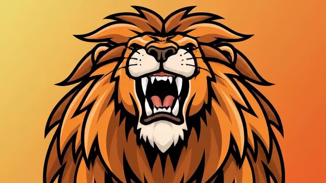 Close-Up Animated Roaring Lion Face with Aggressive Expression and Orange Gradient Background