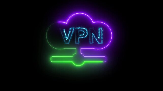 Purple and Blue Neon VPN Cloud Icon with Connection Symbol on Black Background. Glowing purple-blue VPN cloud with link symbol on dark background for cybersecurity and encryption visuals.