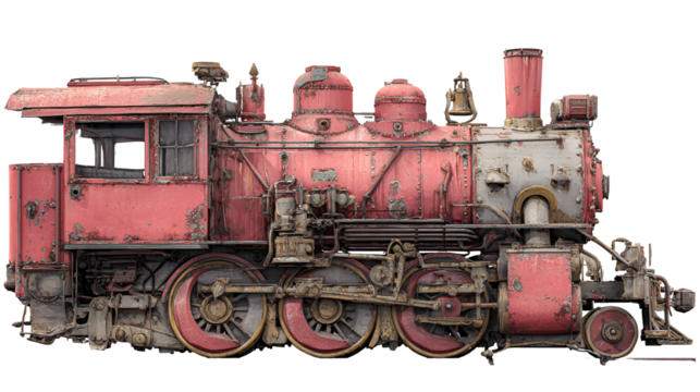 Vintage red steam locomotive isolated on transparent background