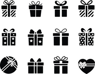 Collection of Twelve Black Silhouette Gift Box Icons With Bows Isolated on White