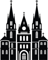 Detailed Black Silhouette Illustration of a Cathedral with Spires and Crosses on Top