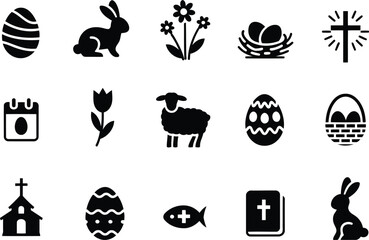 Easter Black Icons Egg, Rabbit, Flowers, Nest, Cross, Calendar, Lamb, Church, Bible Icons Set