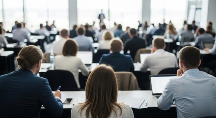 Obraz premium Training Session Crowd Blur – Out-of-focus background of delegates attending corporate workshop